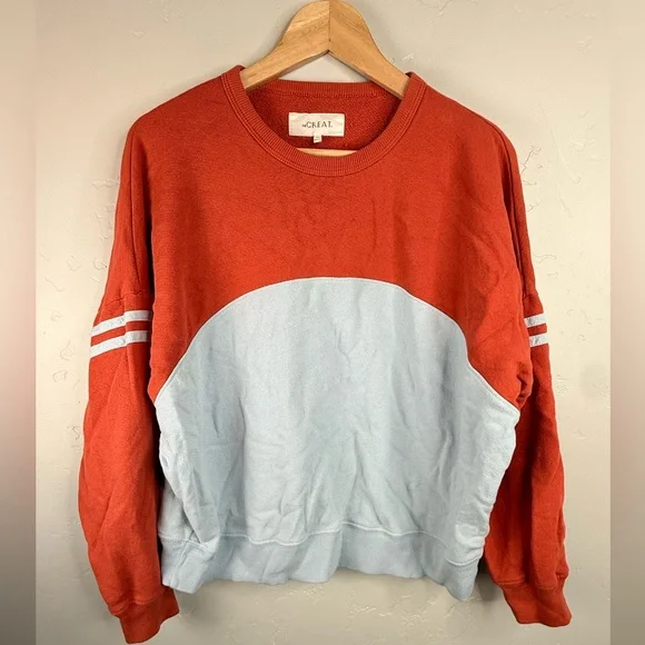 THE GREAT Cross Country Colorblock Cotton Sweatshirt Tomato Red Blue Medium - Picture 4 of 13